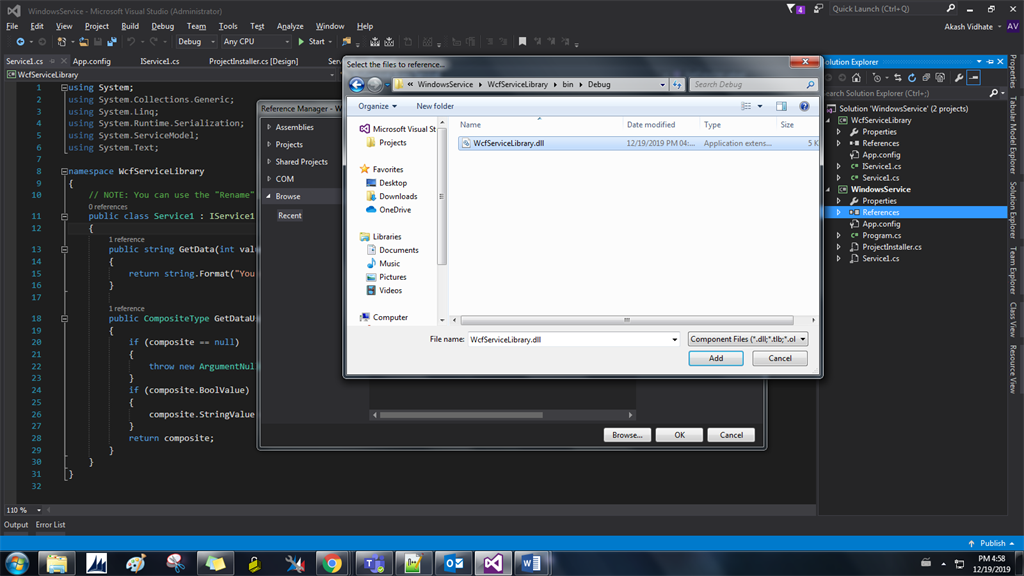 Add WCF service library reference in windows service